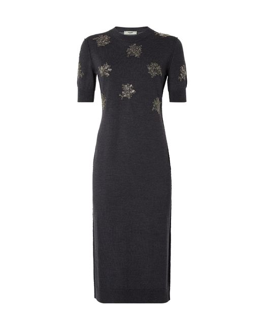 Fendi Black Knitted Sequined Flower Midi Dress