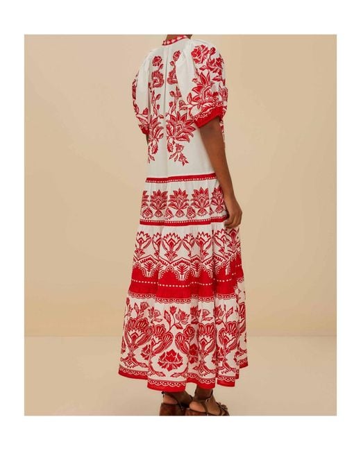 Farm Rio Red Floral-Pattern Puff-Sleeve Midi Dress