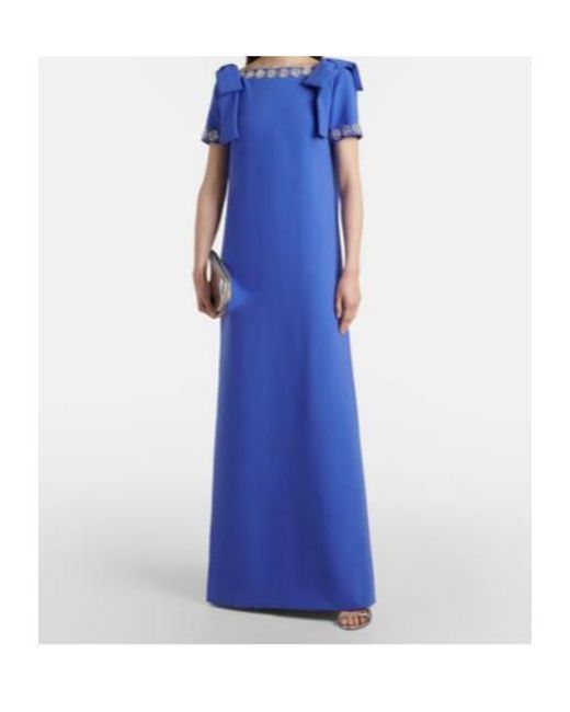 Carolina Herrera Blue Embroidered Bow-Detail Crêpe Gown
