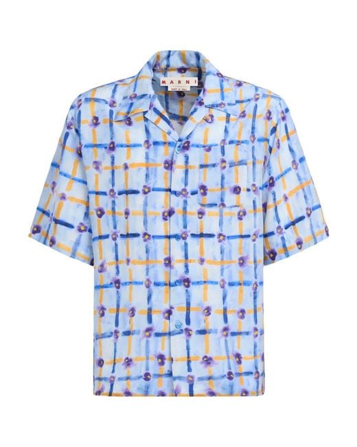 Marni Blue Light Habotai Silk Bowling Shirt With Saraband Print for men