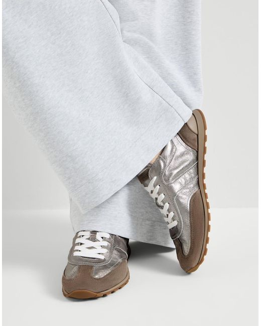 Brunello Cucinelli White Lamé Calfskin And Suede Runners With Shiny Loop