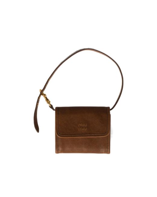 Miu Miu Nappa Leather Wallet With Shoulder Strap in Brown | Lyst