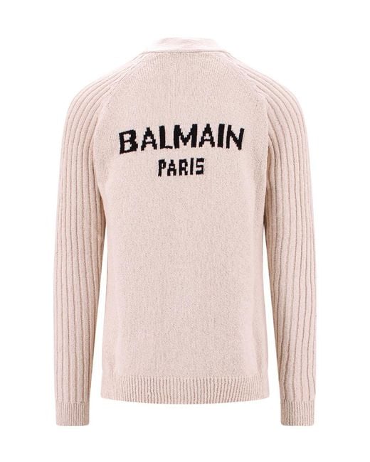 Balmain Pink V-Neck Logo Intarsia Knit Cardigan for men