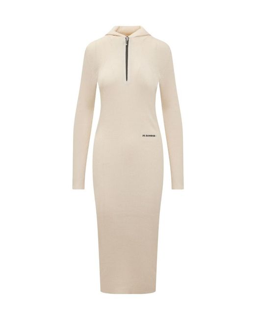 Jil Sander White Long-Sleeved Ribbed-Knitted Hooded Midi Dress