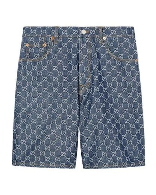 Gucci Blue Leather-Trimmed Denim Bermuda Shorts
