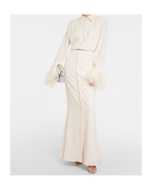 Roland Mouret White Feather-Trimmed Crepe Maxi Shirt Dress