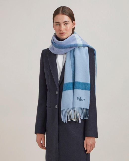 Mulberry Blue Large Plaid Wool Scarf