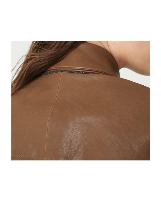 Brunello Cucinelli Brown Embellished Polished Leather Outerwear Blazer