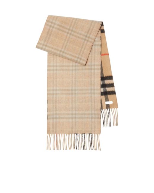 Burberry Natural Reversible Checked Fringed Hem Scarf