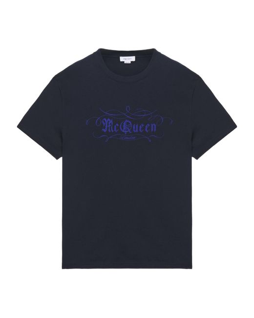 McQueen Blue Script Printed Crewneck T-Shirt for men
