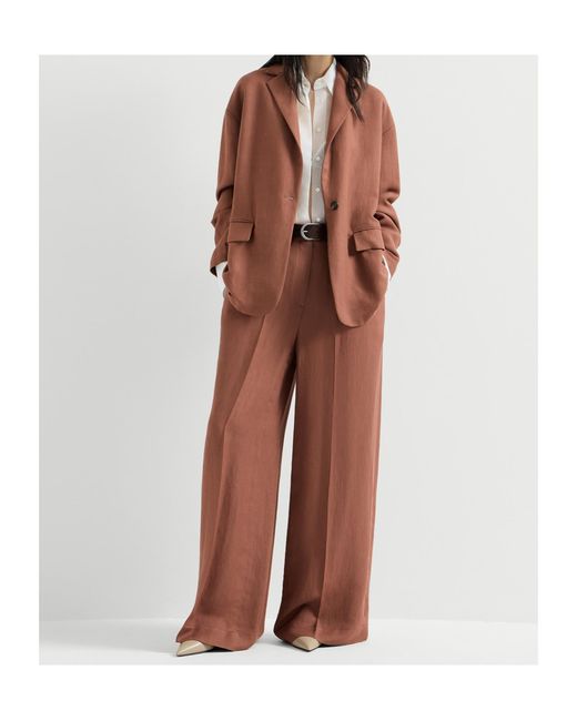 Brunello Cucinelli Brown Viscose And Linen Fluid Twill Wide Trousers With Monili