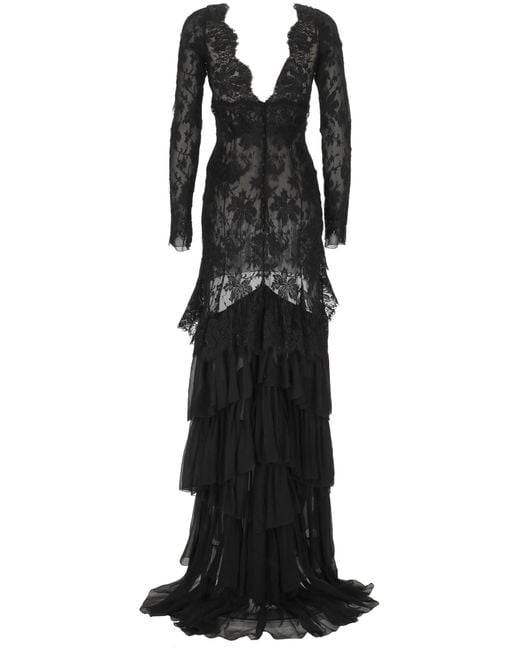 Saint Laurent Black Ruffled V-Neck Laced Dress