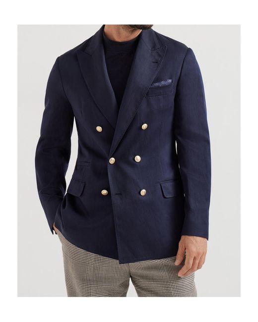 Brunello Cucinelli Blue Silk Délavé And Linen Twill Deconstructed Blazer for men