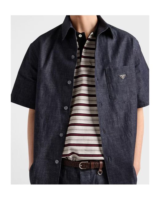 Prada Blue Short-Sleeved Chambray Denim Shirt for men