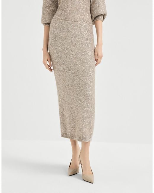 Brunello Cucinelli Gray Elastic-Waistband Midi Skirt
