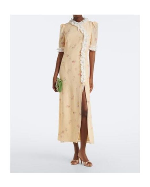 Alessandra Rich Natural Floral Ruffled Silk Midi Dress
