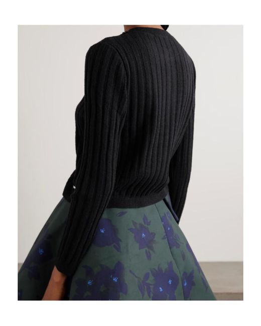 ShuShu/Tong Black Embellished Embroidered Ribbed Wool-Blend Cardigan