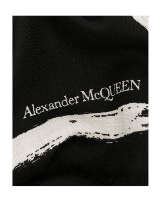 McQueen Black Graffiti-Printed Frayed Edge Scarf