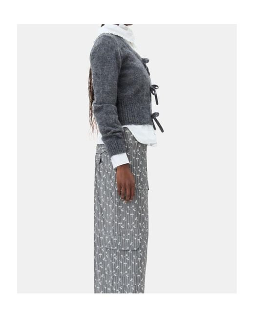 Ganni Gray Tie-Fastening Knit Cardigan