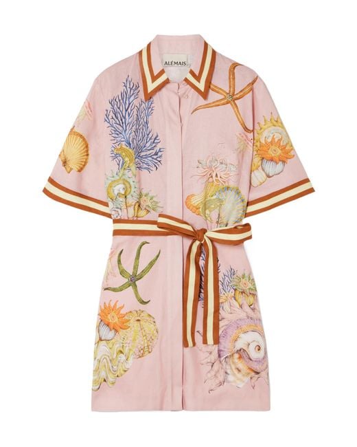 ALÉMAIS Pink Belted Printed Linengauze Mini Shirt Dress
