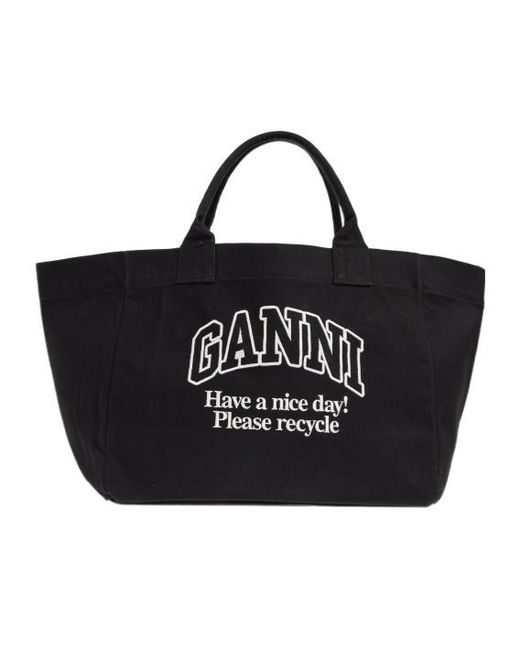 Ganni Black Logo Embroidered Xxl Shopper Bag