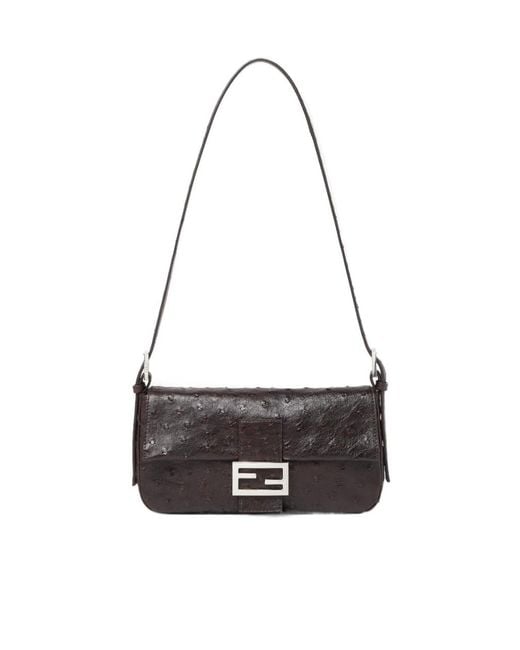 Fendi Black Baguette 26424 Dark Ostrich Leather Bag