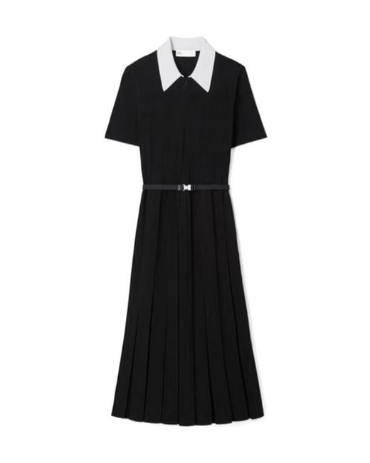 Tory Burch Black T Monogram Pointelle Pleated Dress