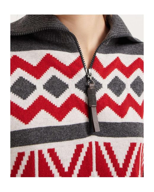Brunello Cucinelli Red Jacquard Knit Jumper
