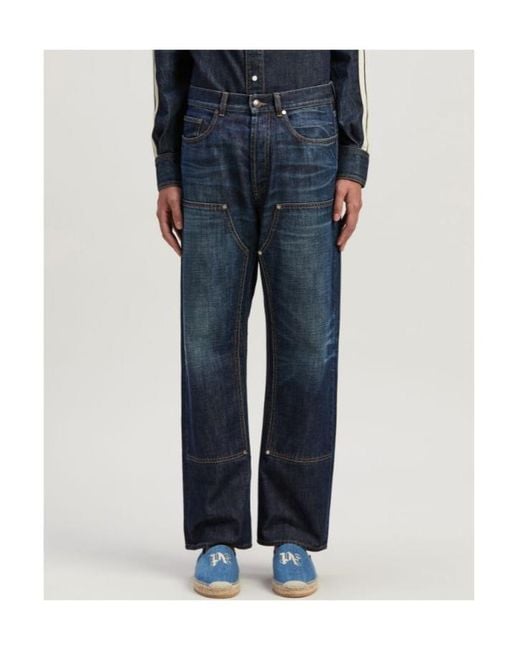 Palm Angels Blue Monogram-Embroidered High Waist Jeans for men