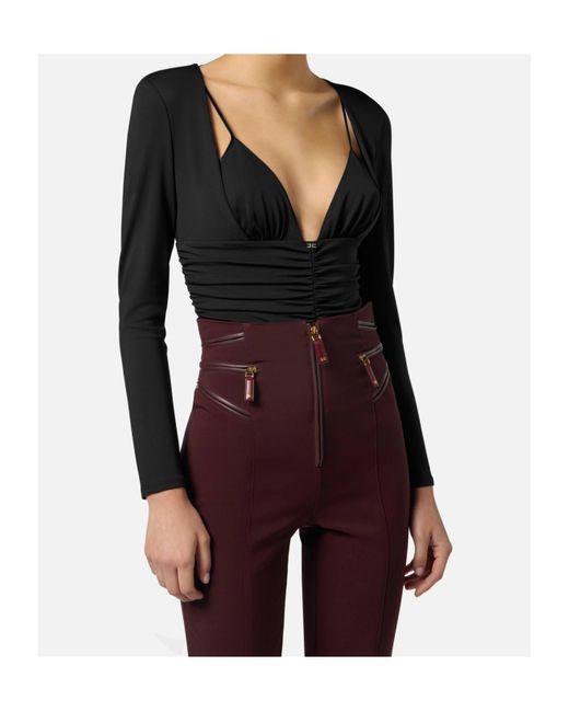 Elisabetta Franchi Black Draped Crêpe Jersey Bodysuit