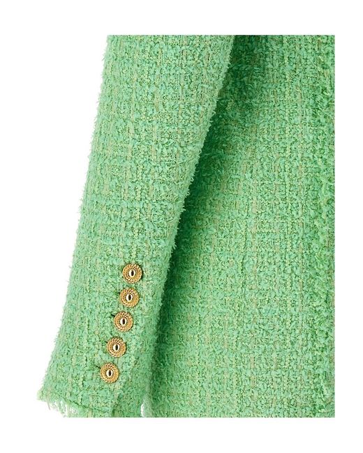 Balmain Green Logo Button Tweed Dress