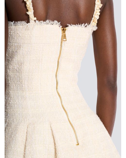 Balmain Natural Conchiglie Pleated Tweed Mini Dress