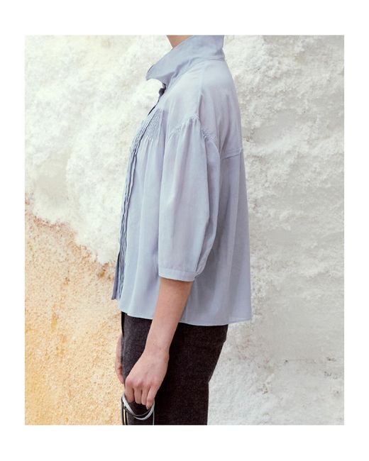 Low Classic Blue Pintuck High-Neck Blouse
