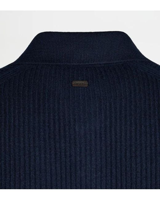 Tod's Blue Ribbed Polo-Collar Cardigan for men