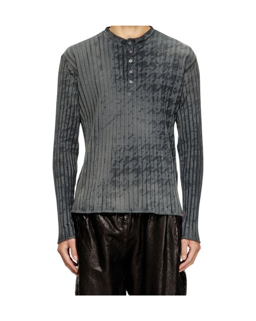 DIESEL Gray Ribbed Henley Top With Houndstooth Motif for men