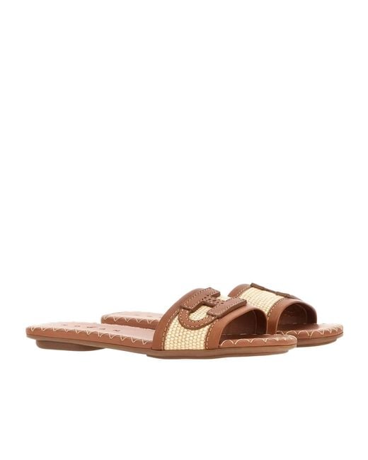 Hogan Brown H685 Raffia-Trim Flat Sandals