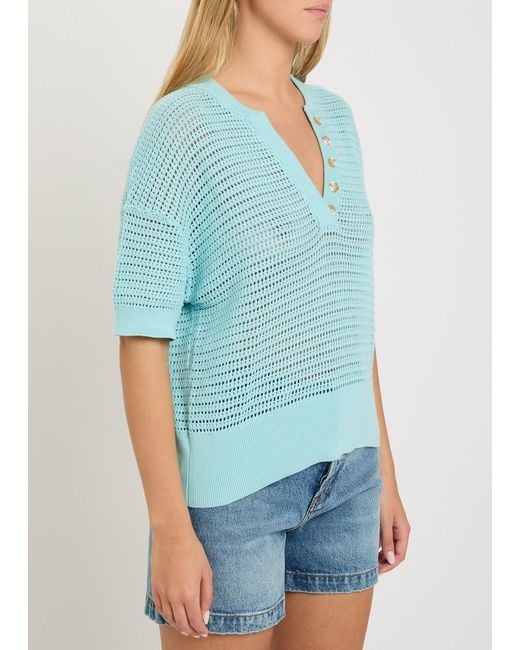 Varley Blue Cotton Hollow-Out Short Sleeve Top