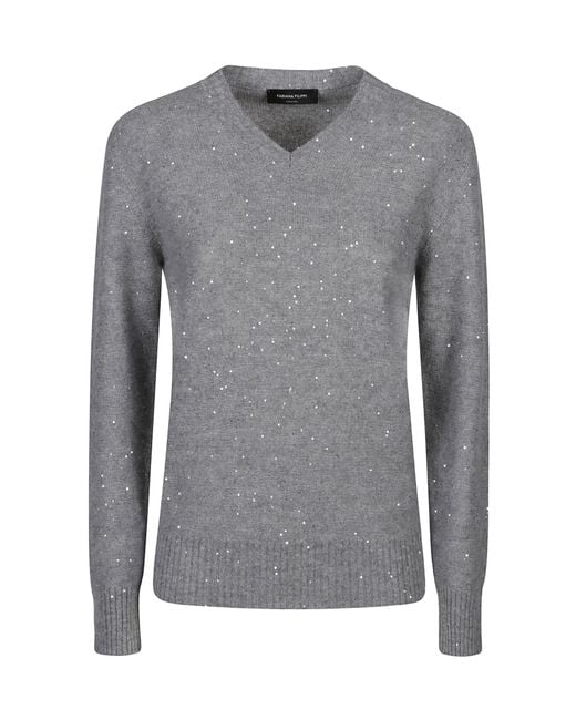 Fabiana Filippi Gray Sequin-Embellished V-Neck Jumper