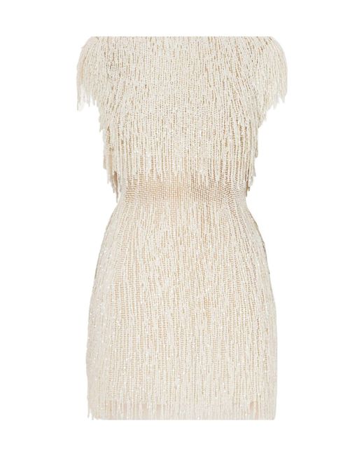 Oscar de la Renta Natural Embellished Fringed Mesh Mini Dress