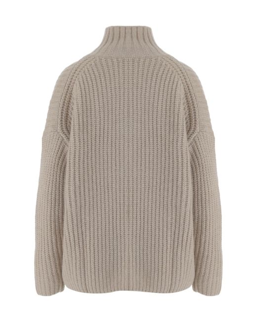 Allude Gray Ribbed Turtleneck Knitted Sweater