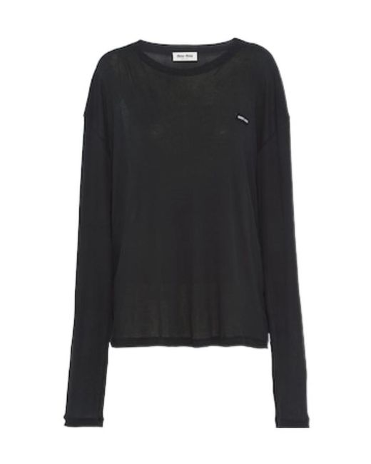 Miu Miu Black Long-Sleeved Ribbed Jersey T-Shirt
