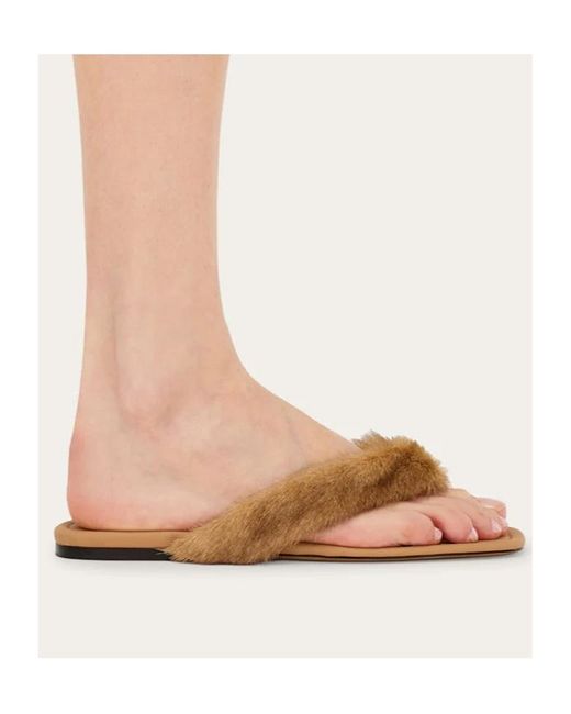 Ferragamo Brown Thong Sandal With Fur Detail