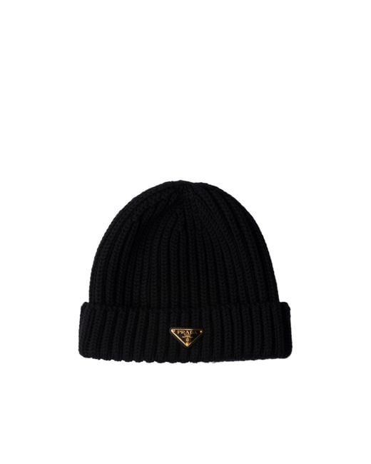 Prada Black Triangle-Logo Turn-Up Brim Ribbed Beanie
