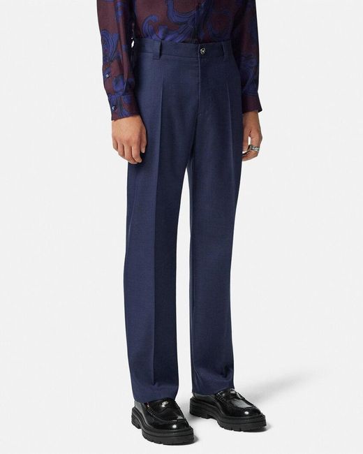 Versace Blue Pleated Tailored Trousers for men