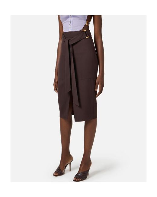 Elisabetta Franchi Brown Tied Waist Zip-Detailed Midi Skirt