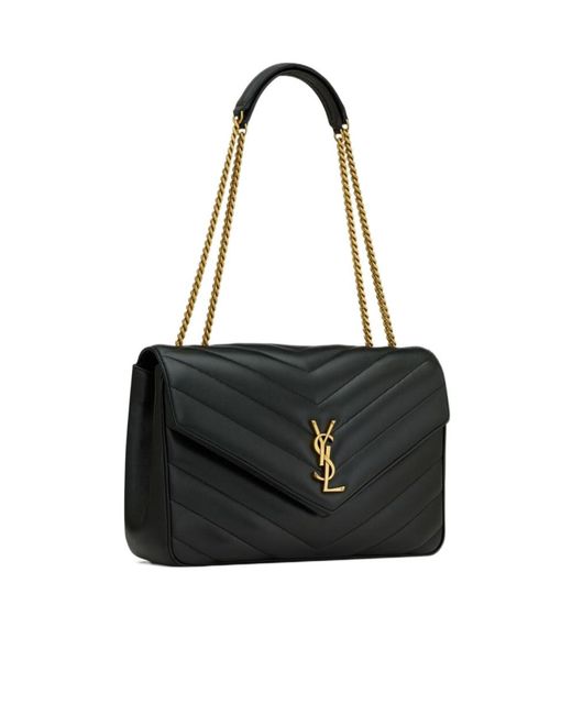 Saint Laurent Black Loulou Foldover Top Large Shoulder Bag