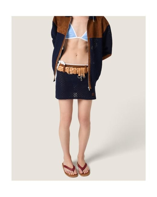 Miu Miu Blue Cotton Crochet And Suede Miniskirt