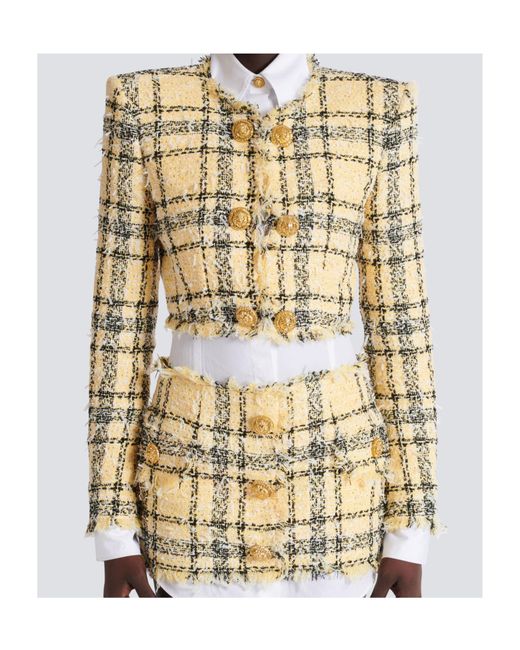 Balmain Yellow Checked Tweed Cropped Jacket
