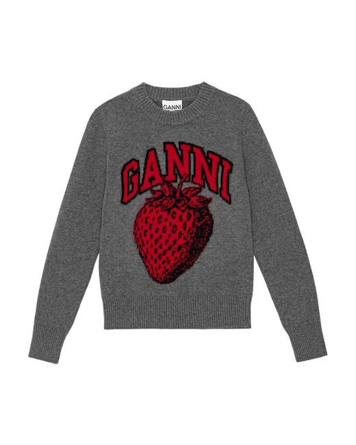 Ganni White Graphic Intarsia Crewneck Pullover