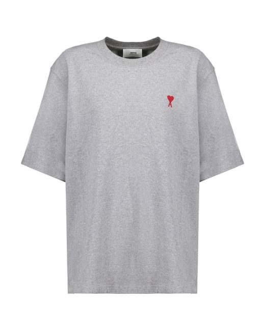 AMI Gray Ami De Coeur Logo Embroidered Crewneck T-Shirt for men